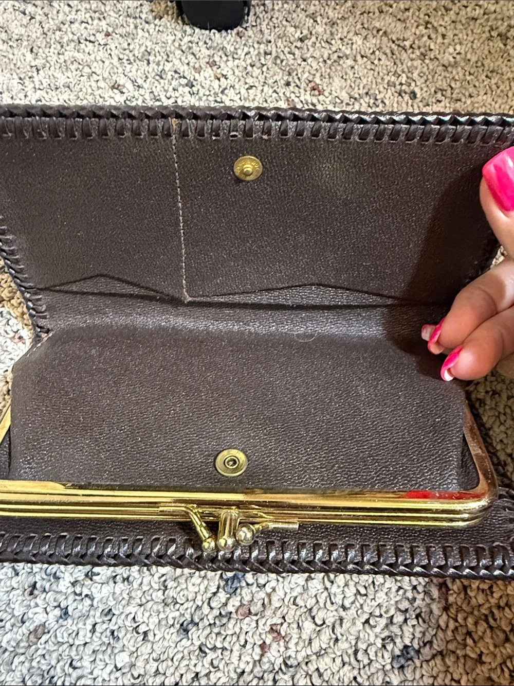 Vintage Hand-Tooled Leather Long Wallet Hand-Painted Red Floral Green Leaf Motif